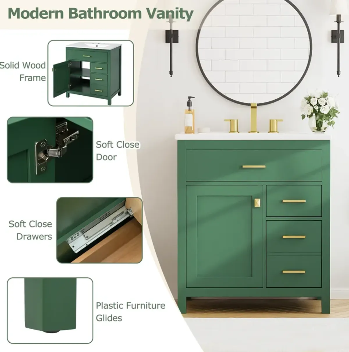 Gewnee 30-Inch Green Bathroom Vanity with Ceramic Sink and Ample Storage - Ideal Choice for Small Bathrooms