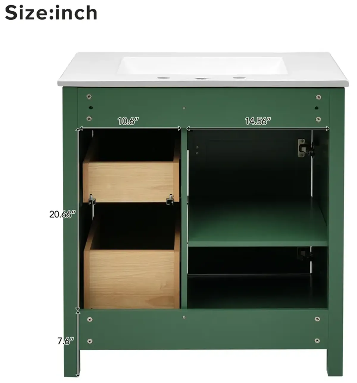 Gewnee 30-Inch Green Bathroom Vanity with Ceramic Sink and Ample Storage - Ideal Choice for Small Bathrooms