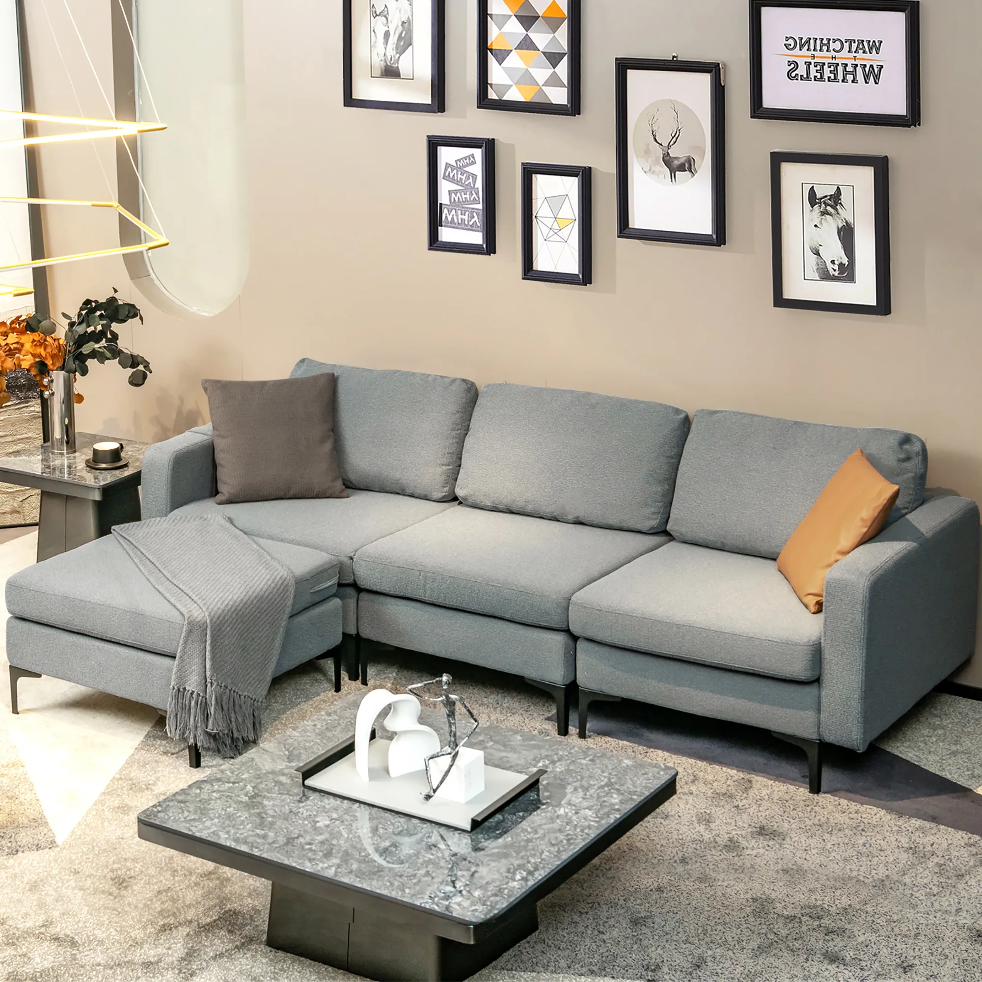 Costway Modular L-shaped 3 Seat Sectional Sofa w/ Reversible Chaise & 2 USB Ports