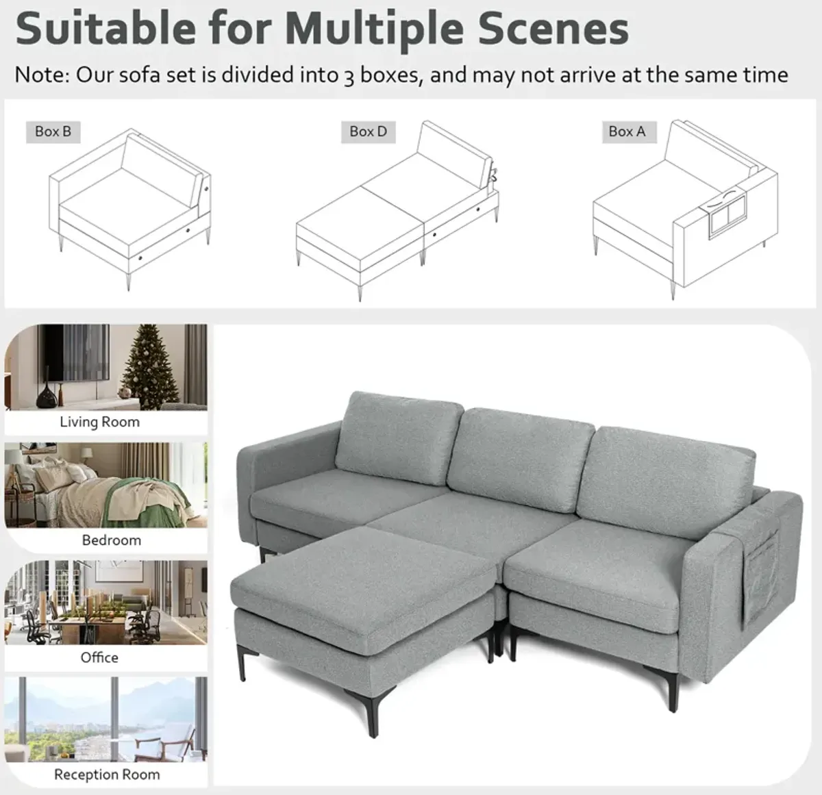 Costway Modular L-shaped 3 Seat Sectional Sofa w/ Reversible Chaise & 2 USB Ports