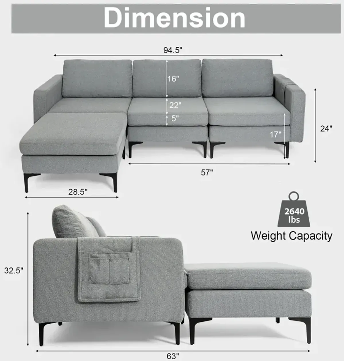 Costway Modular L-shaped 3 Seat Sectional Sofa w/ Reversible Chaise & 2 USB Ports