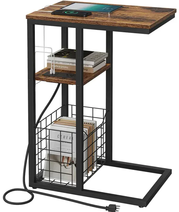 Vagusicc C Shaped End Table with Charging Station, Side Table for Couch, Small Side End Table for Small Spaces, 28"" High Slide