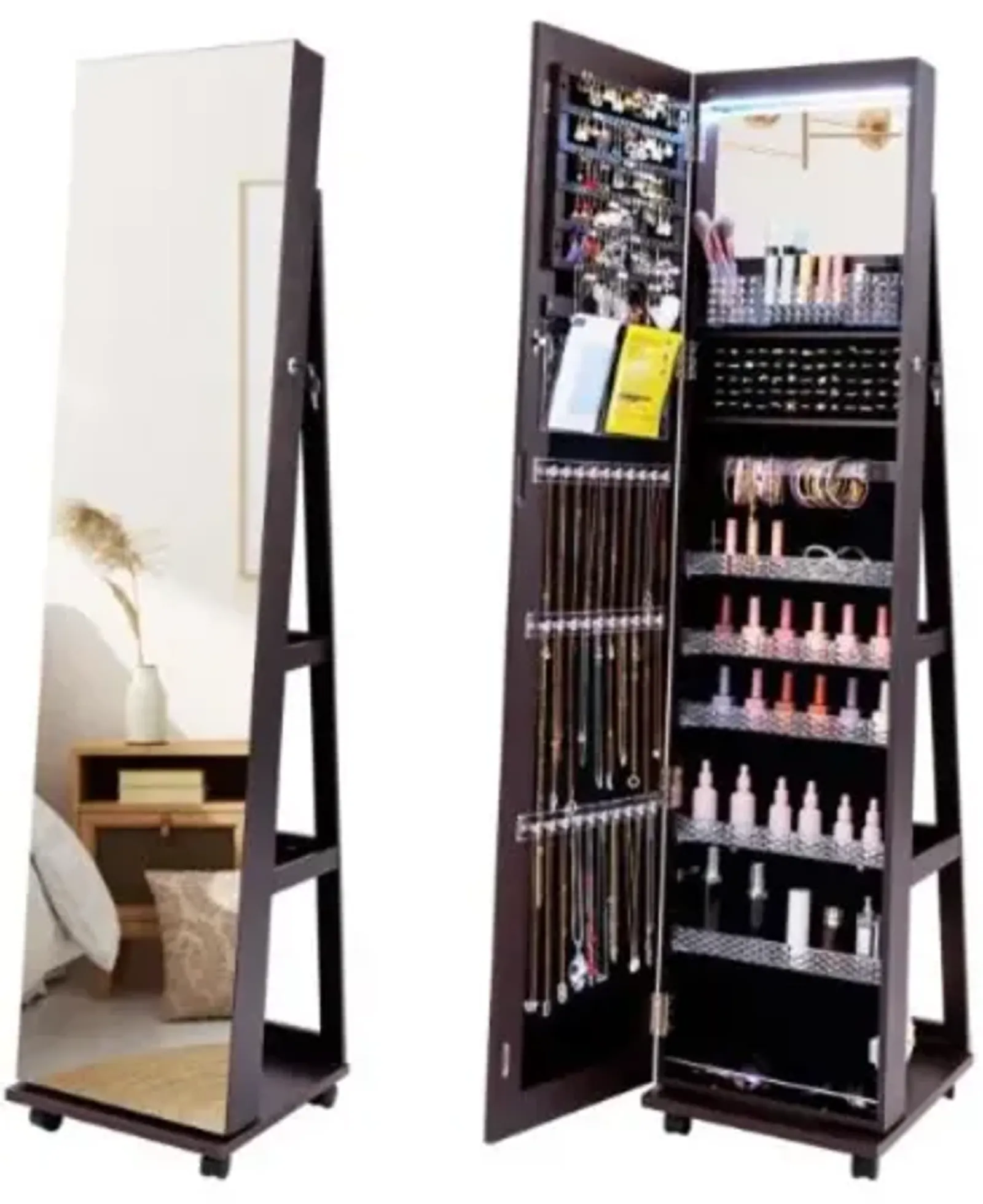 Hivvago 64 Inches Lockable Jewelry Cabinet Armoire with Built-in Makeup Mirror