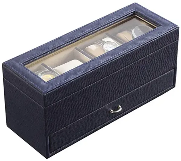 Watch Case with Drawer Display and  4 Slots, Blue - Benzara