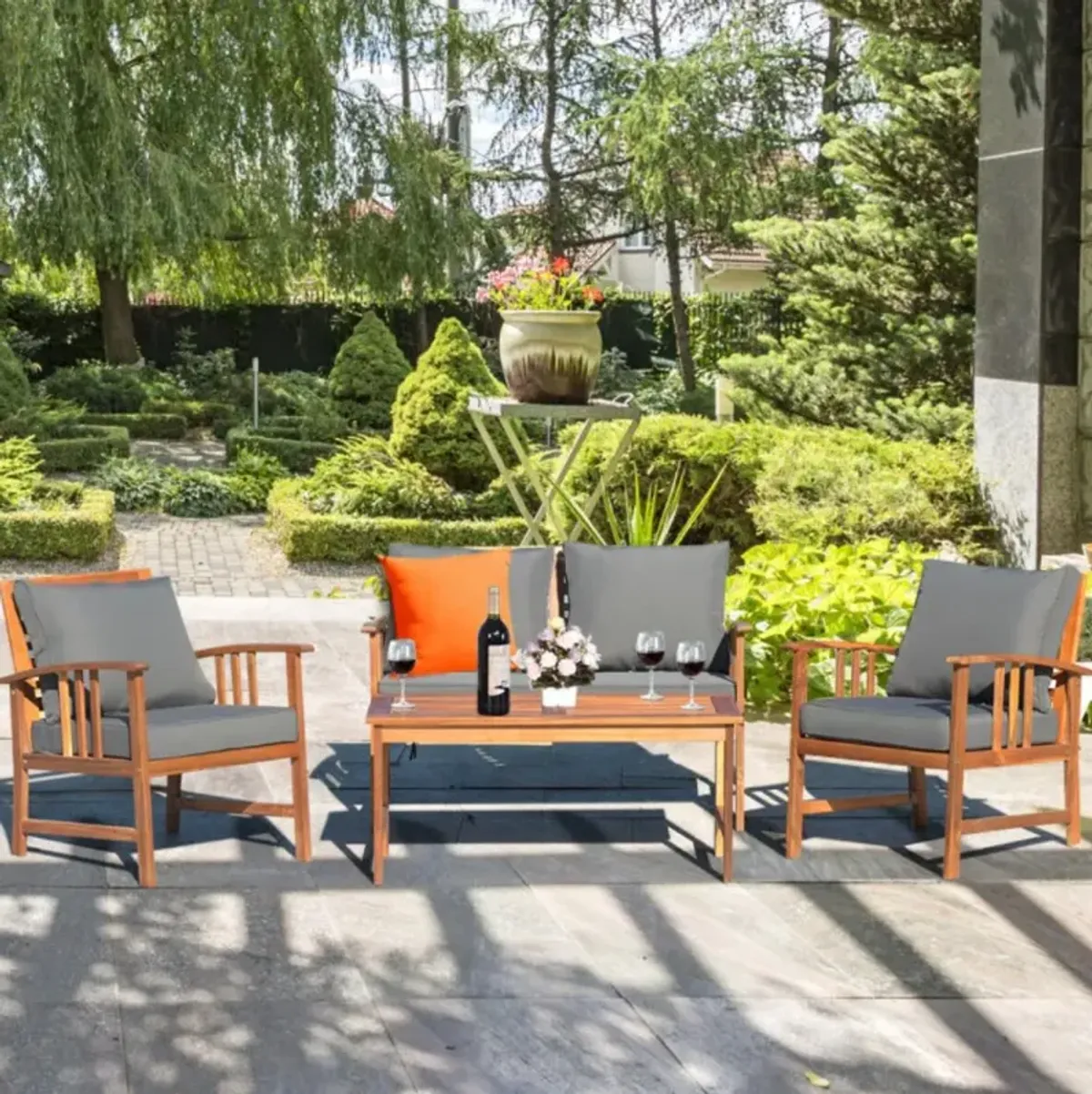 Hivvago 4 Pieces Wooden Patio Sofa Chair Set with Cushion
