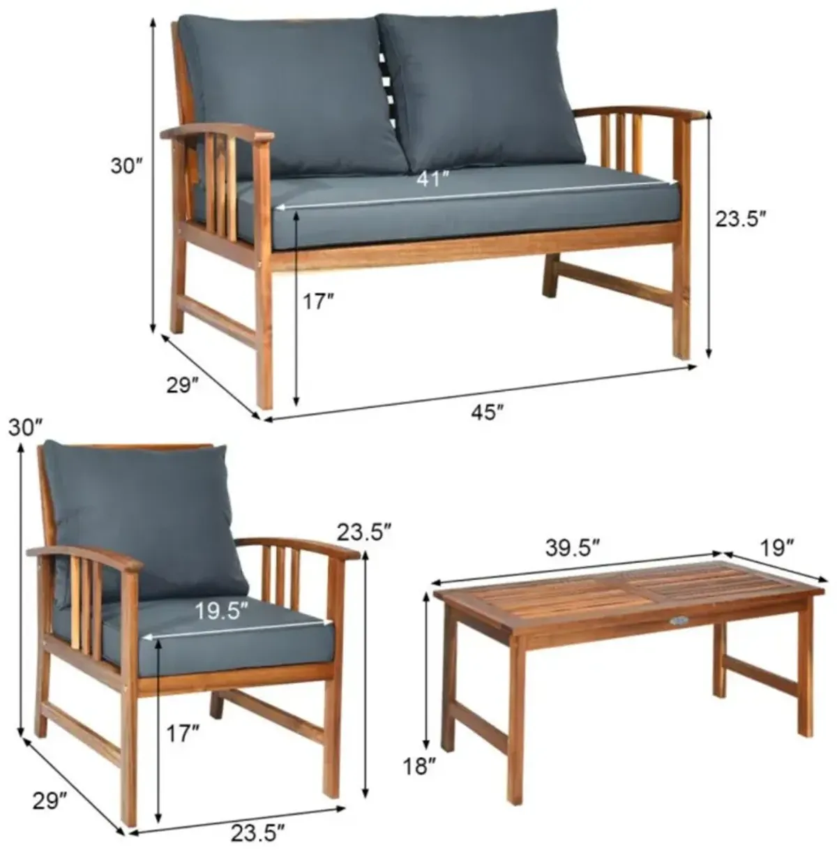 Hivvago 4 Pieces Wooden Patio Sofa Chair Set with Cushion