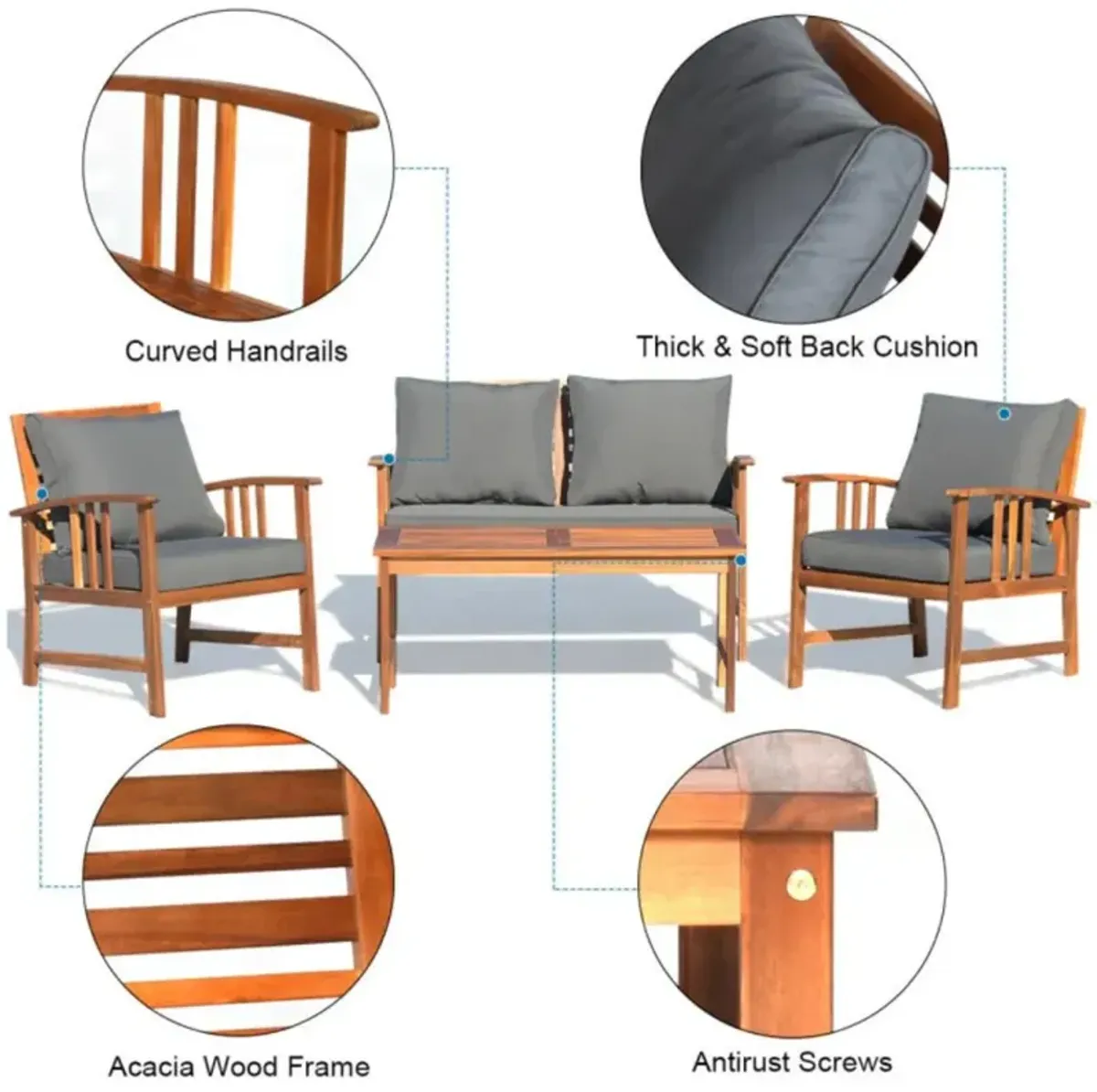 Hivvago 4 Pieces Wooden Patio Sofa Chair Set with Cushion
