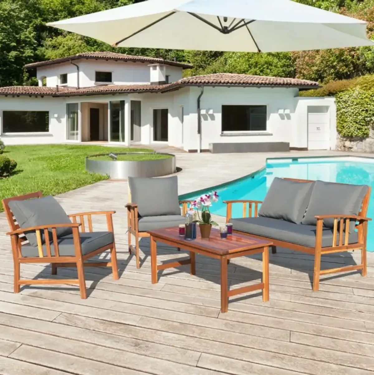Hivvago 4 Pieces Wooden Patio Sofa Chair Set with Cushion