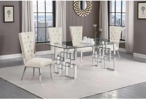 5-piece glam dining set with 4 cream chairs and a 79" long glass  table