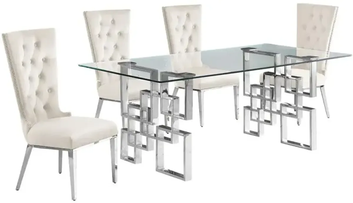 5-piece glam dining set with 4 cream chairs and a 79" long glass  table