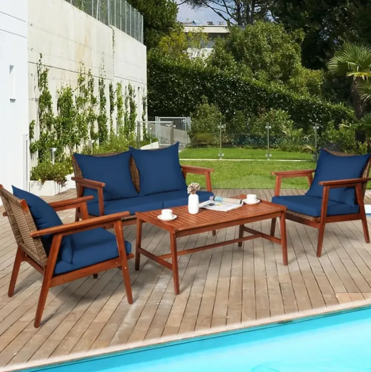 Hivvago 4 Pieces Acacia Wood Patio Rattan Furniture Set with Zippered Cushions