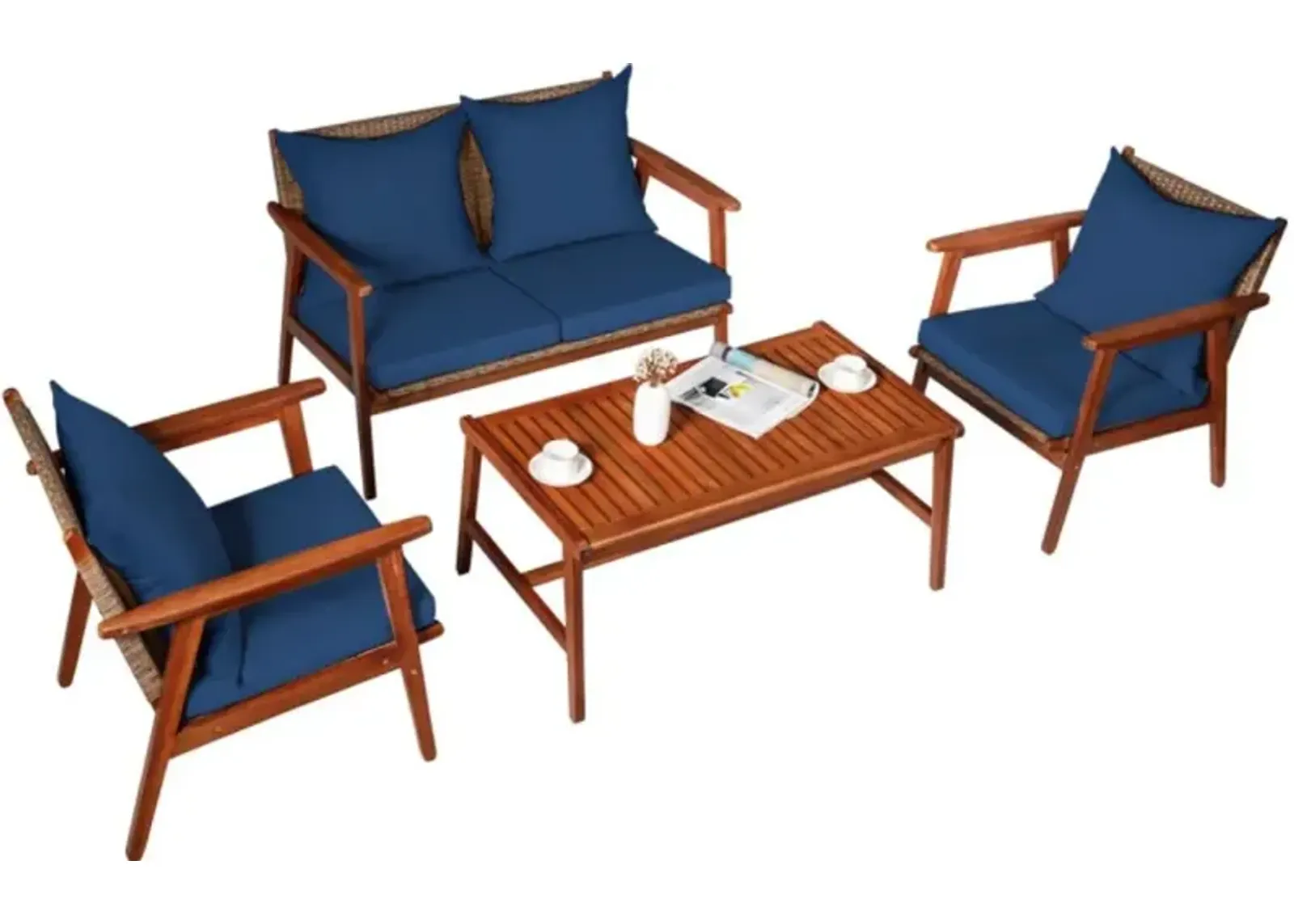 Hivvago 4 Pieces Acacia Wood Patio Rattan Furniture Set with Zippered Cushions