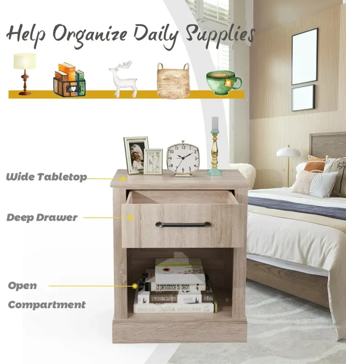 Compact Nightstand with Drawer and Shelf