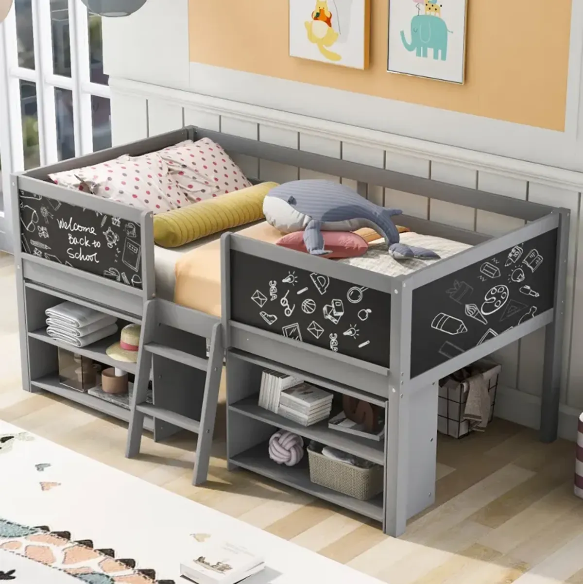 Twin Size Low Loft Bed With Two Movable Shelves And Ladder, With Decorative Guardrail Chalkboard