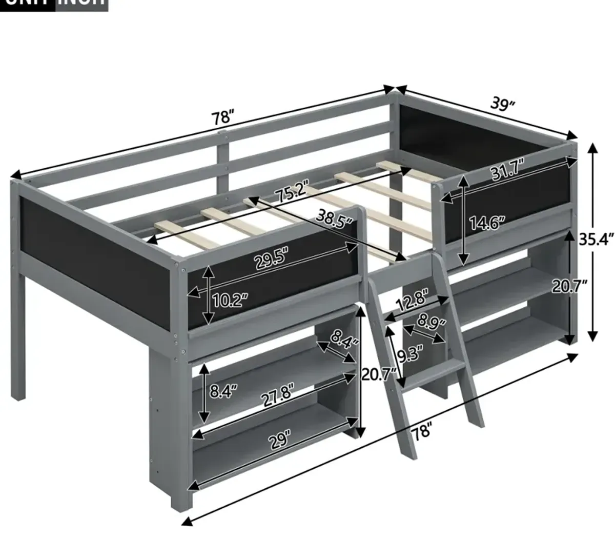 Twin Size Low Loft Bed With Two Movable Shelves And Ladder, With Decorative Guardrail Chalkboard