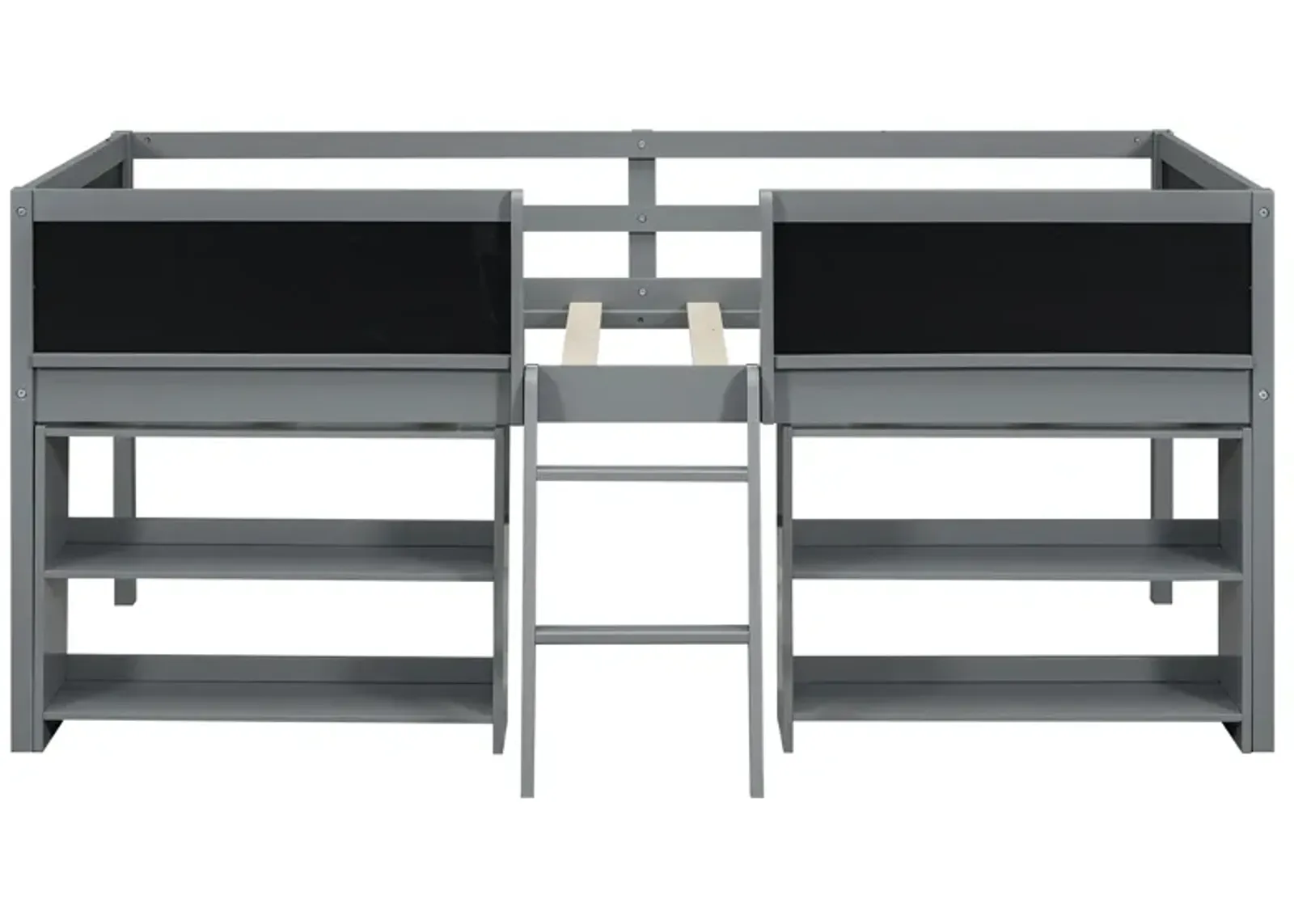 Twin Size Low Loft Bed With Two Movable Shelves And Ladder, With Decorative Guardrail Chalkboard