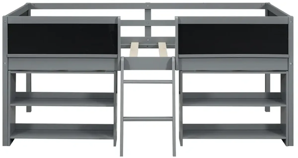 Twin Size Low Loft Bed With Two Movable Shelves And Ladder, With Decorative Guardrail Chalkboard