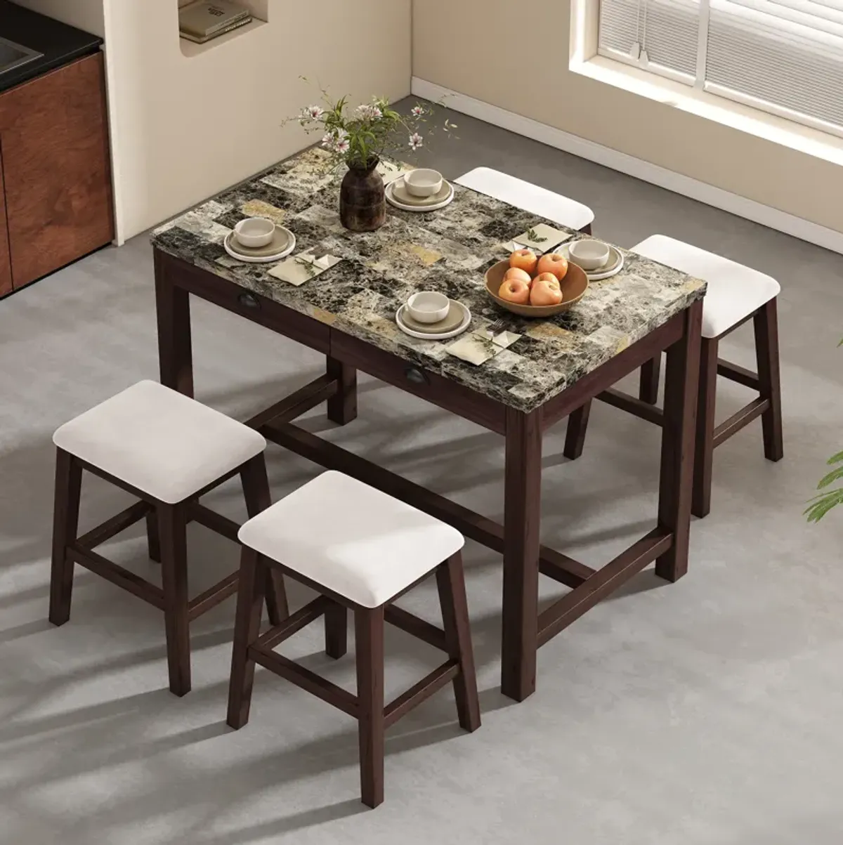 Merax 5-Piece Modern Faux Marble  Bar Table Dining Set