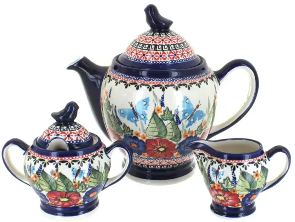 Blue Rose Polish Pottery Peacock 3 PC Coffee Pot Set with Bird Topper