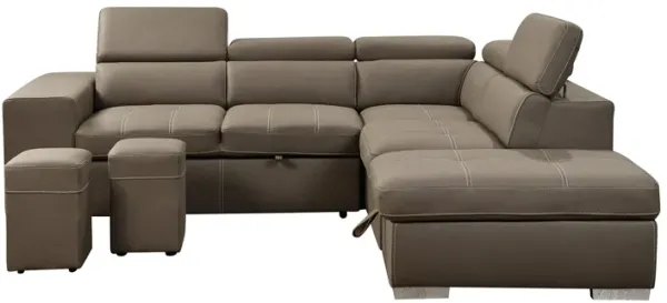 MONDAWE Sectional Sofa with Adjustable Headrest,Sleeper Sectional Pull Out Couch Bed with Storage Ottoman and 2 Stools,Light Brown