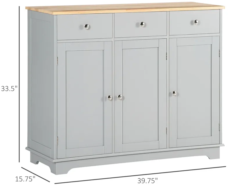 Modern Sideboard Buffet with Rubberwood Top, Buffet Cabinet with 3 Drawers, 3 Cabinets and Adjustable Shelves for Kitchen, Buffet Table, Grey