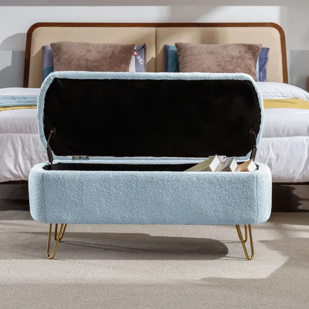 Storage Ottoman Bench For End Of Bed Legs, Modern Faux Fur Entryway Bench