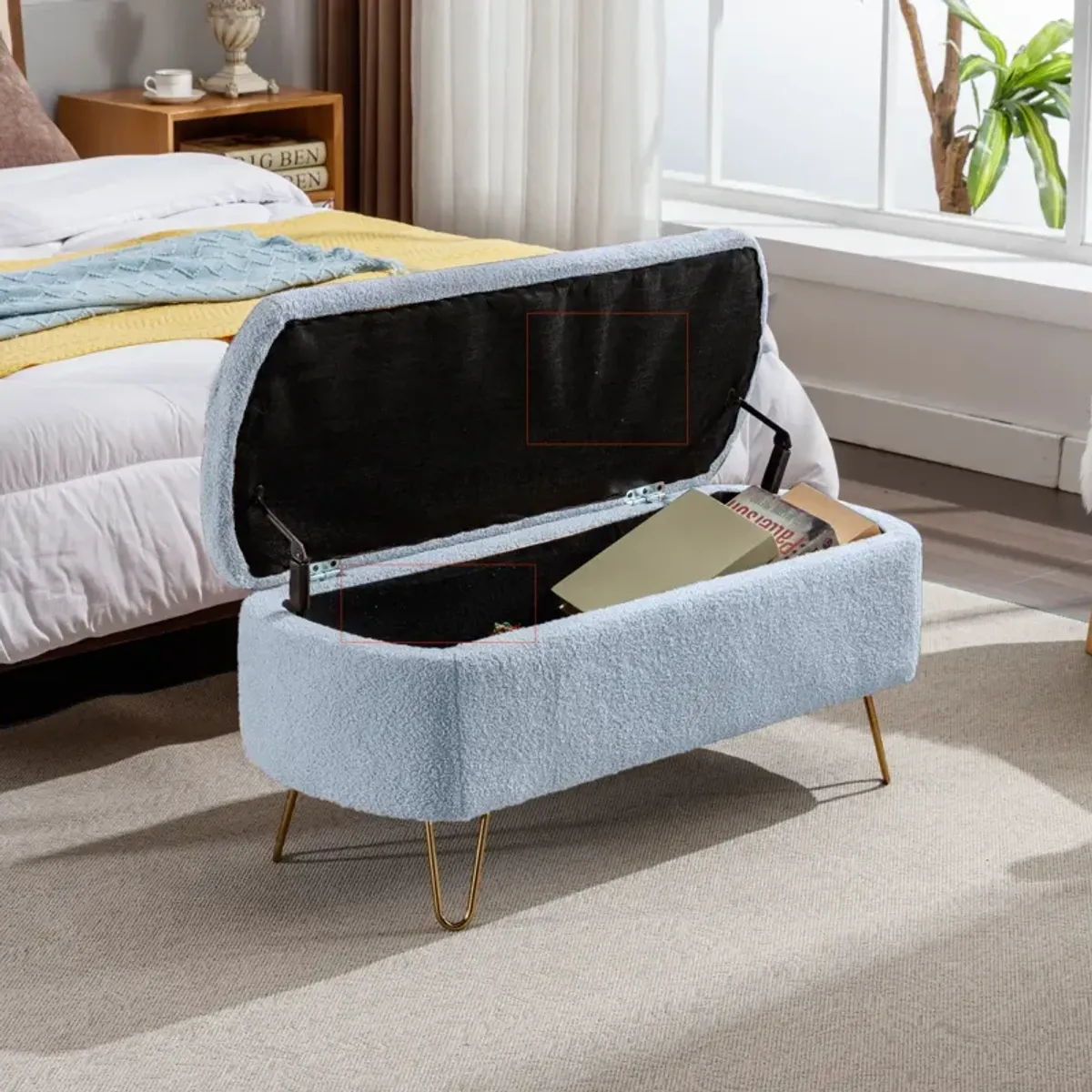 Storage Ottoman Bench For End Of Bed Legs, Modern Faux Fur Entryway Bench