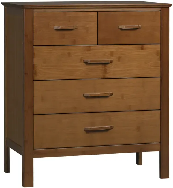 Brown Compact Dresser: 5-Drawer Wooden Chest with Bamboo Frame