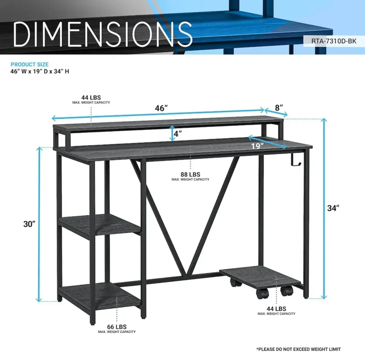 Techni Mobili Industrial Writing Desk, Black