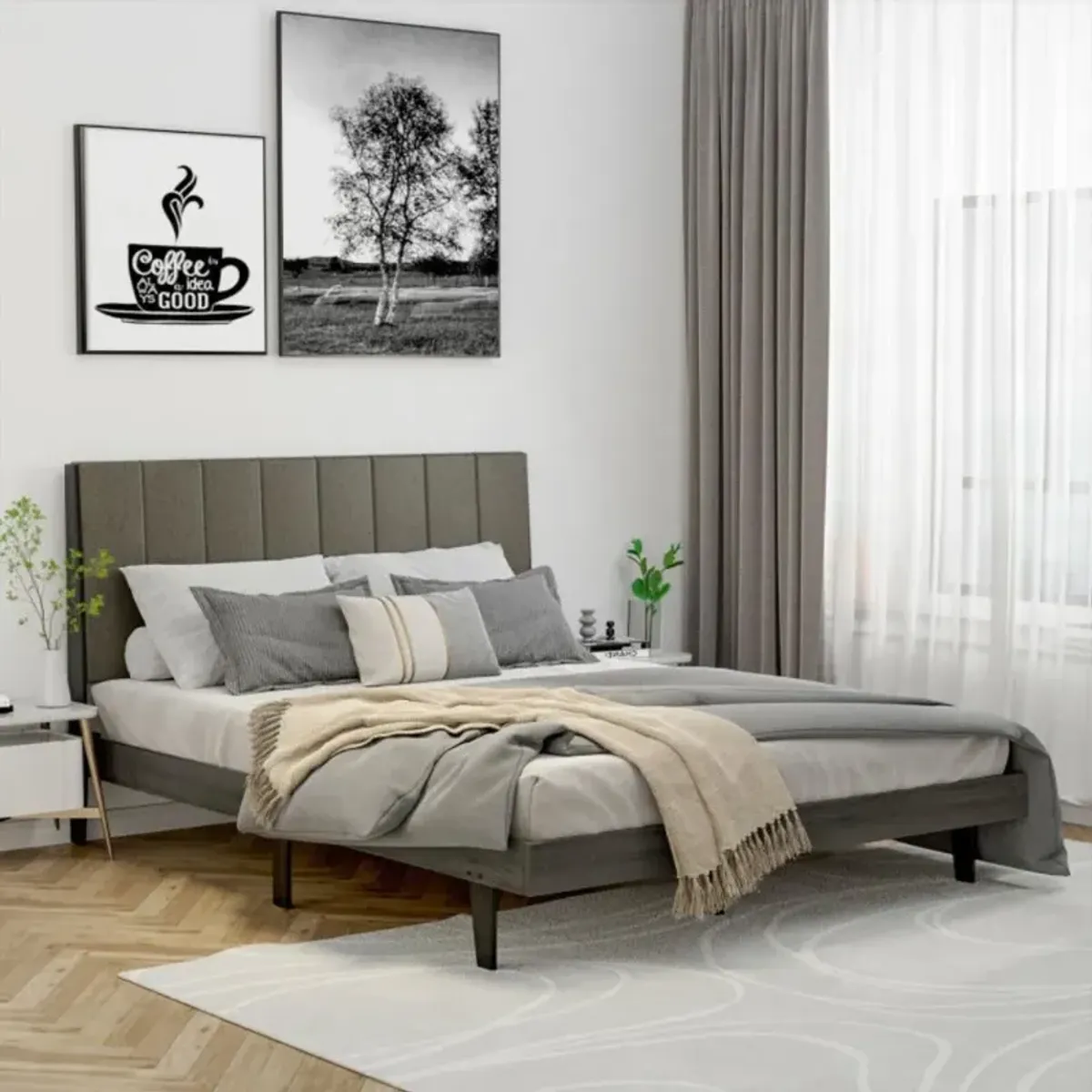 Hivvago Queen Size Upholstered Bed Frame with Tufted Headboard