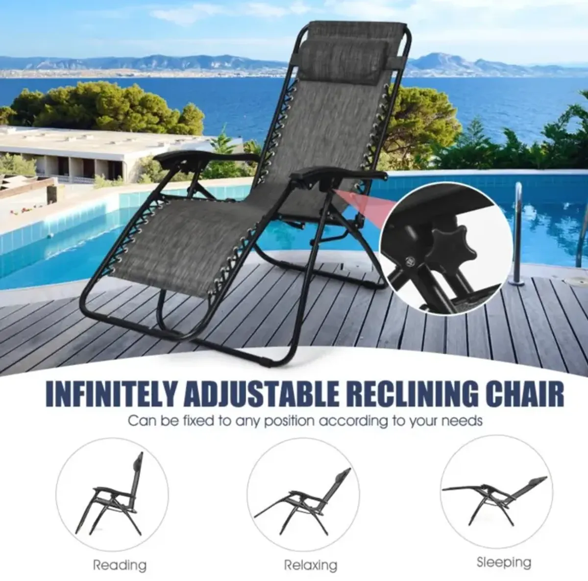 Hivvago 3 Pieces Folding Portable Zero Gravity Reclining Lounge Chairs Table Set