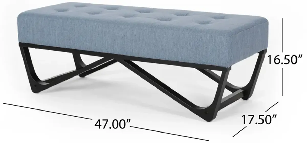 Liba Ottoman Bench, Button Tufted Light Blue Fabric, Black, 47 Inch -Benzara