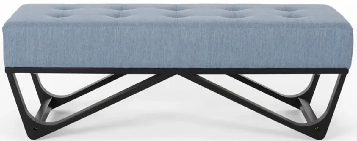 Liba Ottoman Bench, Button Tufted Light Blue Fabric, Black, 47 Inch -Benzara