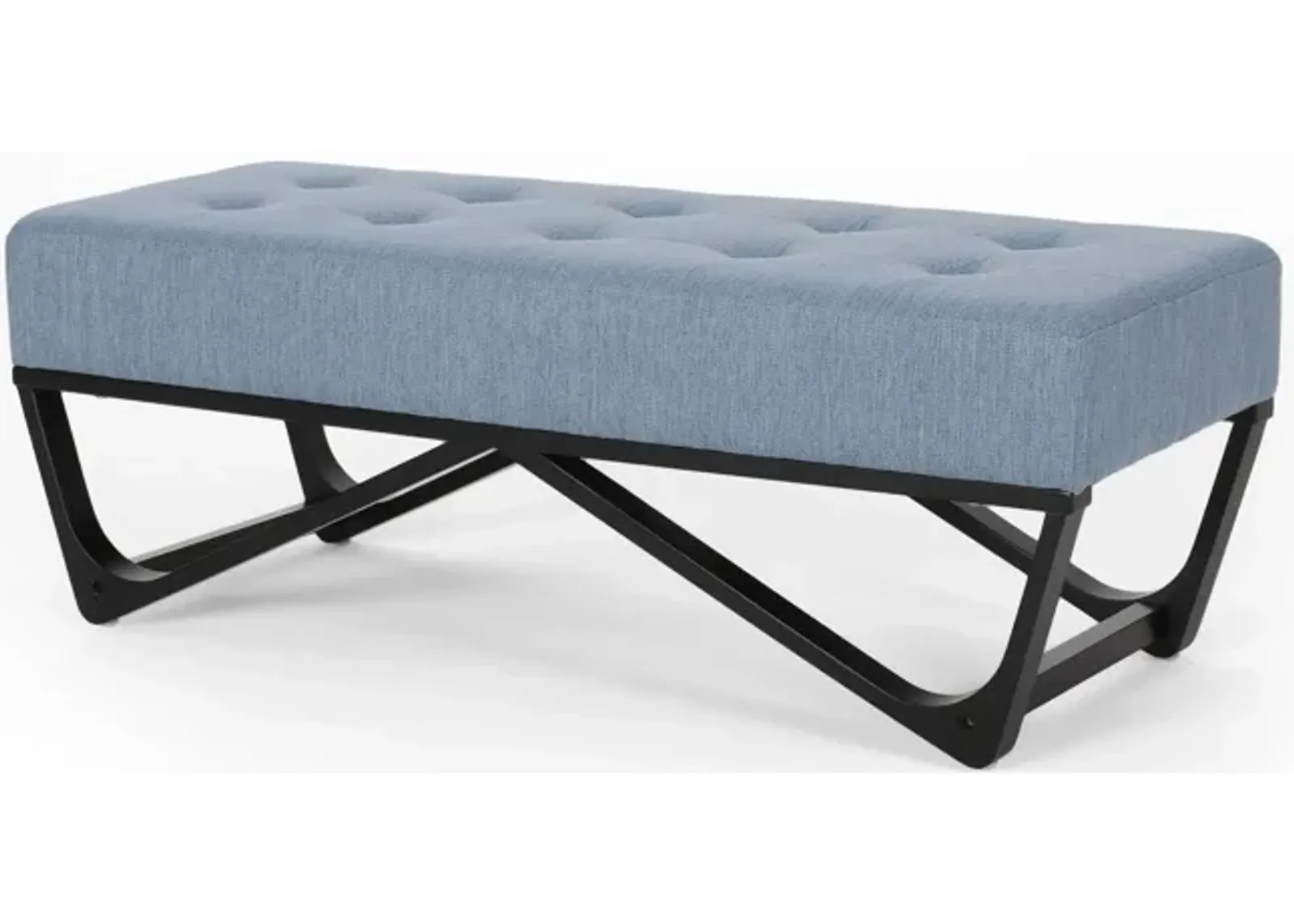 Liba Ottoman Bench, Button Tufted Light Blue Fabric, Black, 47 Inch -Benzara