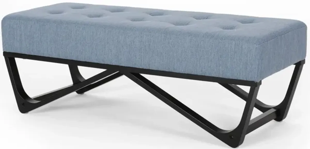 Liba Ottoman Bench, Button Tufted Light Blue Fabric, Black, 47 Inch -Benzara