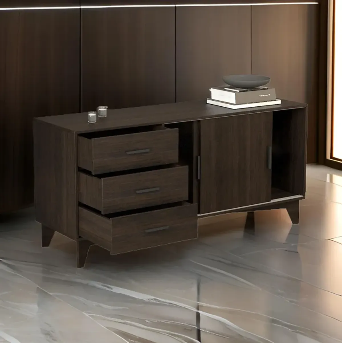 Keay 60 Inch TV Entertainment Console, Sliding Doors, 3 Drawers, Brown - Benzara
