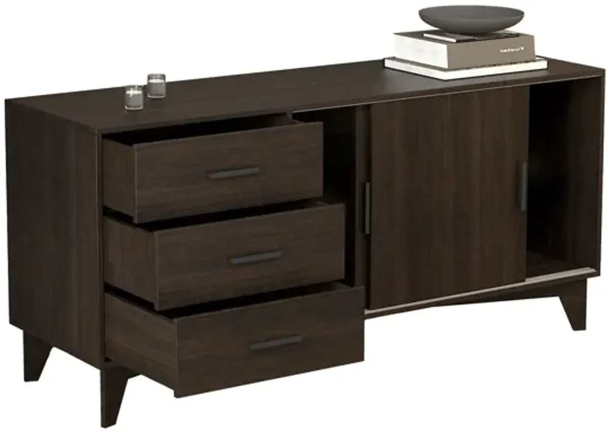 Keay 60 Inch TV Entertainment Console, Sliding Doors, 3 Drawers, Brown - Benzara