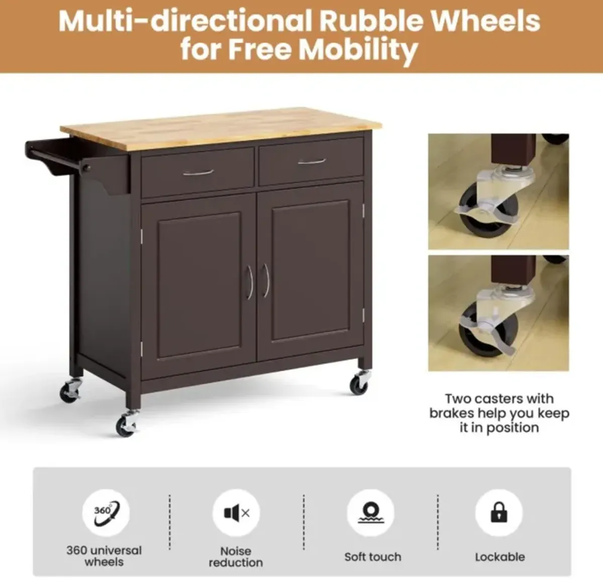 Hivvago Modern Rolling Kitchen Cart Island with Wooden Top