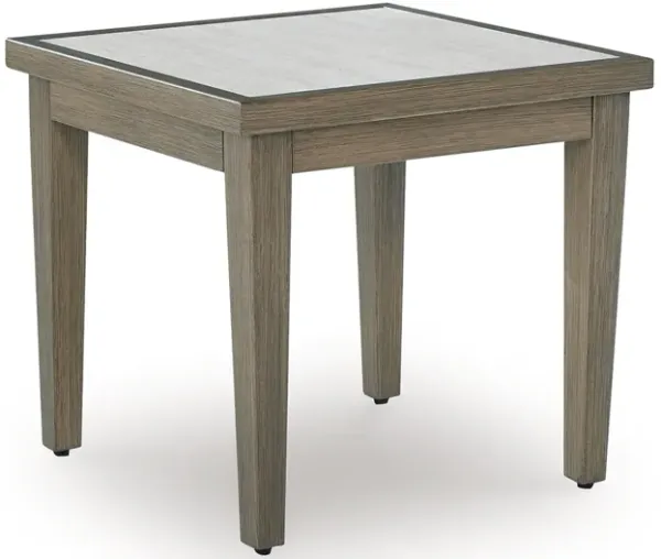 Inaya Outdoor Square End Table, Beige Sintered Stone, 24 Inch Brown - Benzara