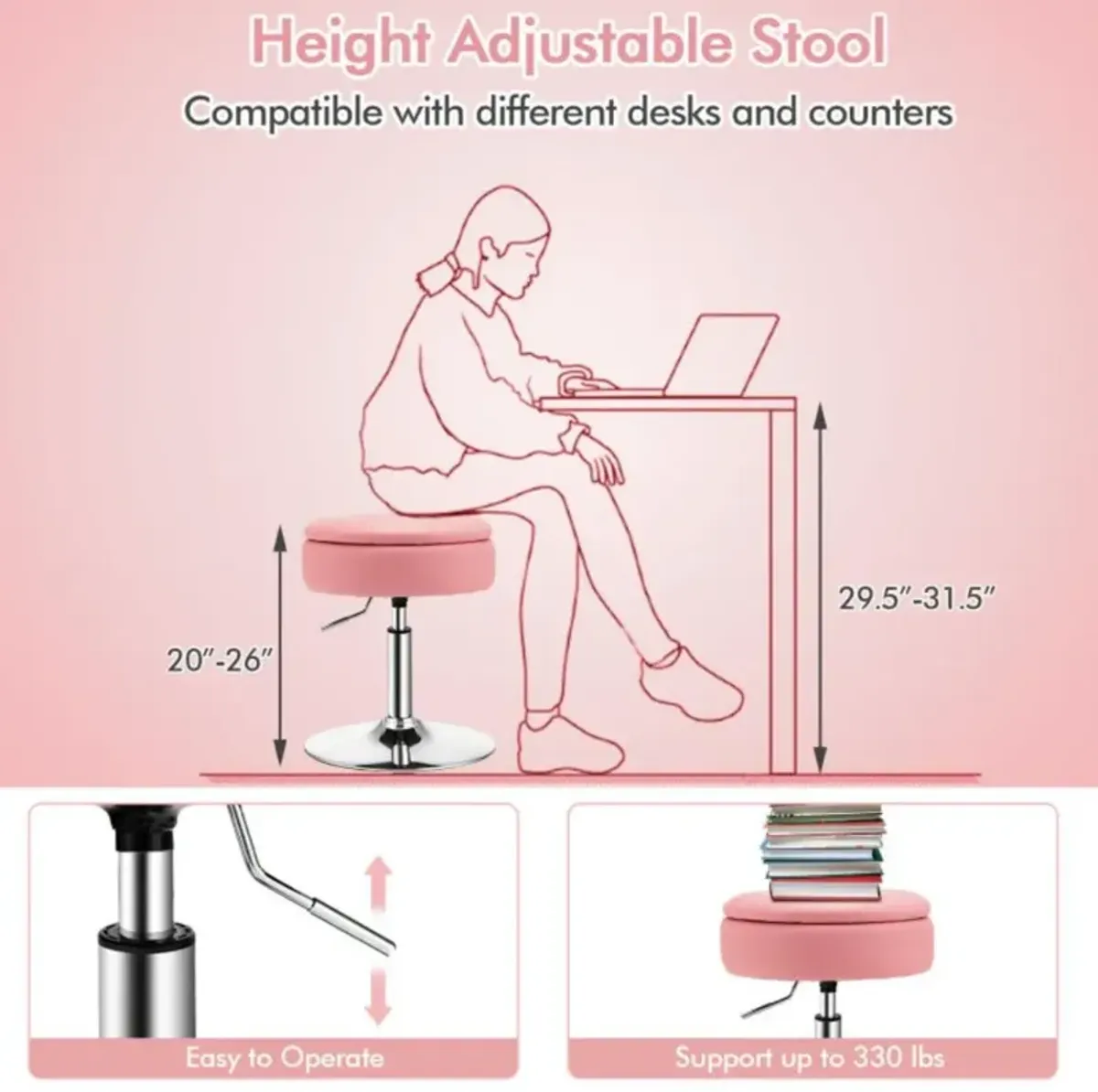 Adjustable 360° Swivel Storage Vanity Stool with Removable Tray