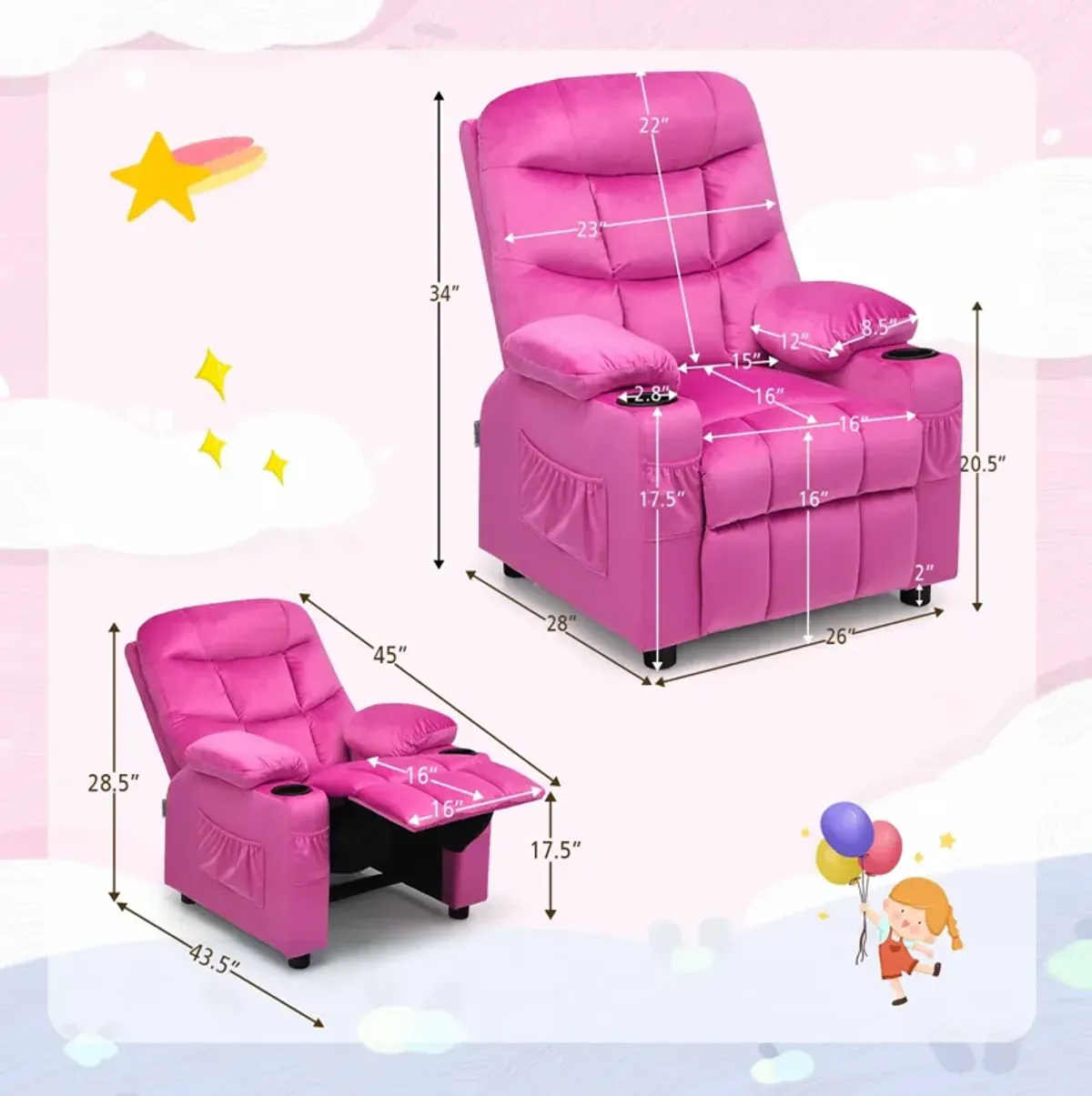 Kids Recliner Chair with Cup Holder and Footrest for Children