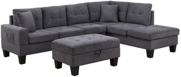 Sce 102 Inch Gray Reversible Sectional Sofa with Ottoman, Table, Pillows - Benzara