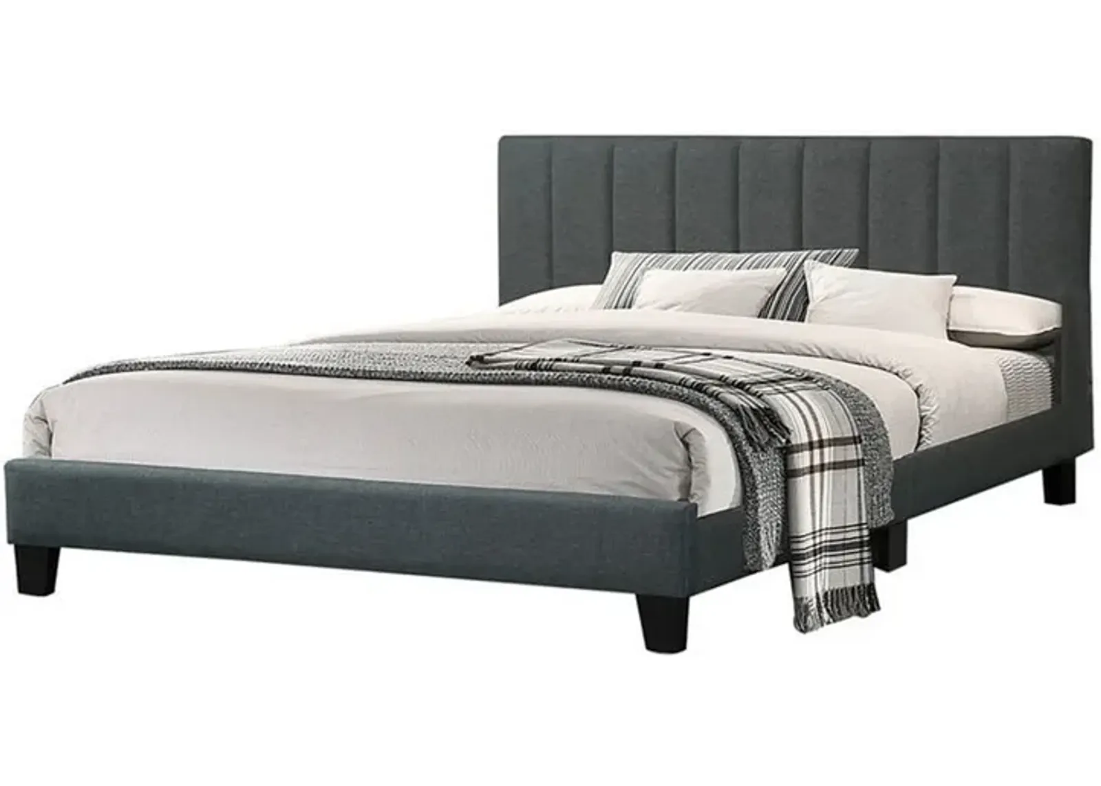 Eve Platform King Size Bed, Vertical Channel Tufting, Charcoal Upholstery - Benzara