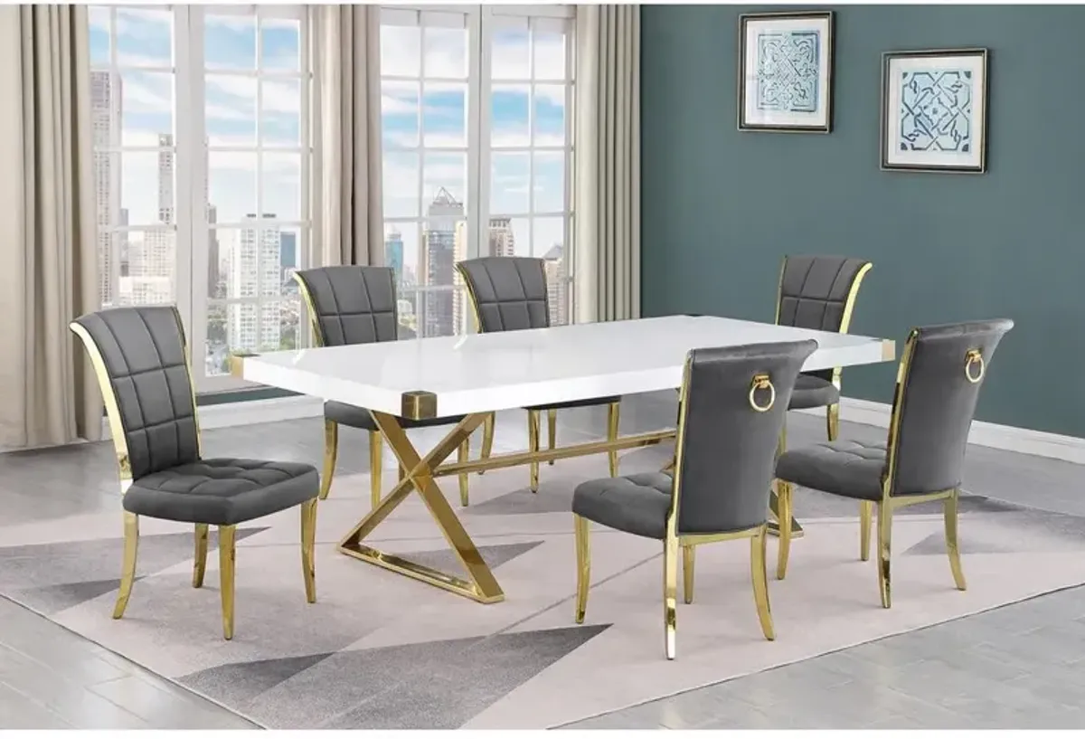 Best Quality Furniture 7pc Large(94) white wood top dining set with gold base and 6 chairs