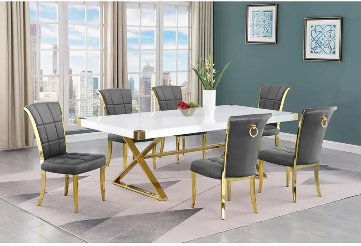 Best Quality Furniture 7pc Large(94) white wood top dining set with gold base and 6 chairs
