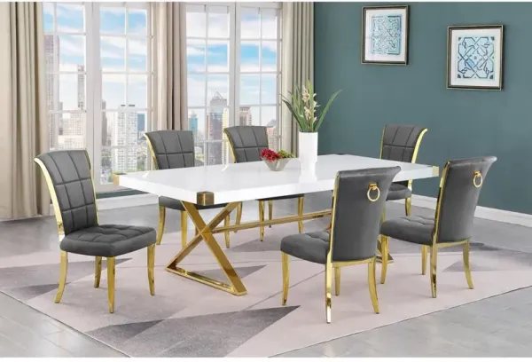 Best Quality Furniture 7pc Large(94) white wood top dining set with gold base and 6 chairs