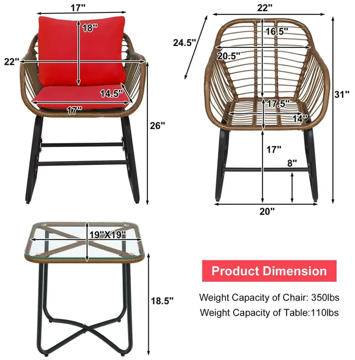 3 Pieces Patio Rattan Bistro Set Cushioned Chair Glass Table Deck