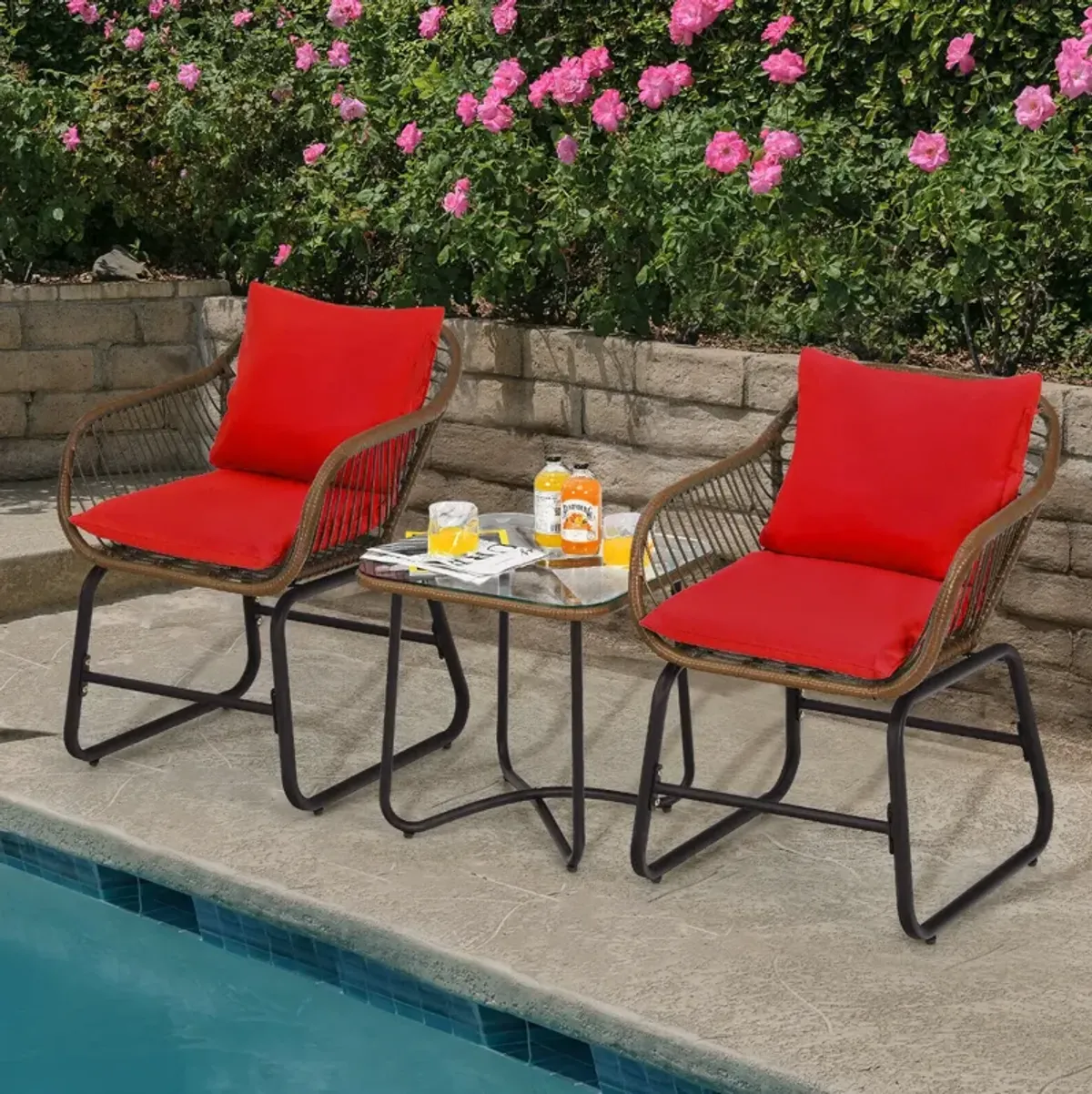 3 Pieces Patio Rattan Bistro Set Cushioned Chair Glass Table Deck