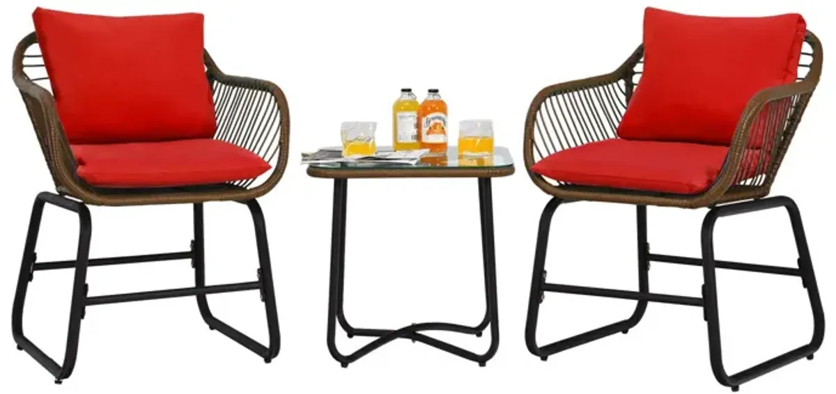 3 Pieces Patio Rattan Bistro Set Cushioned Chair Glass Table Deck