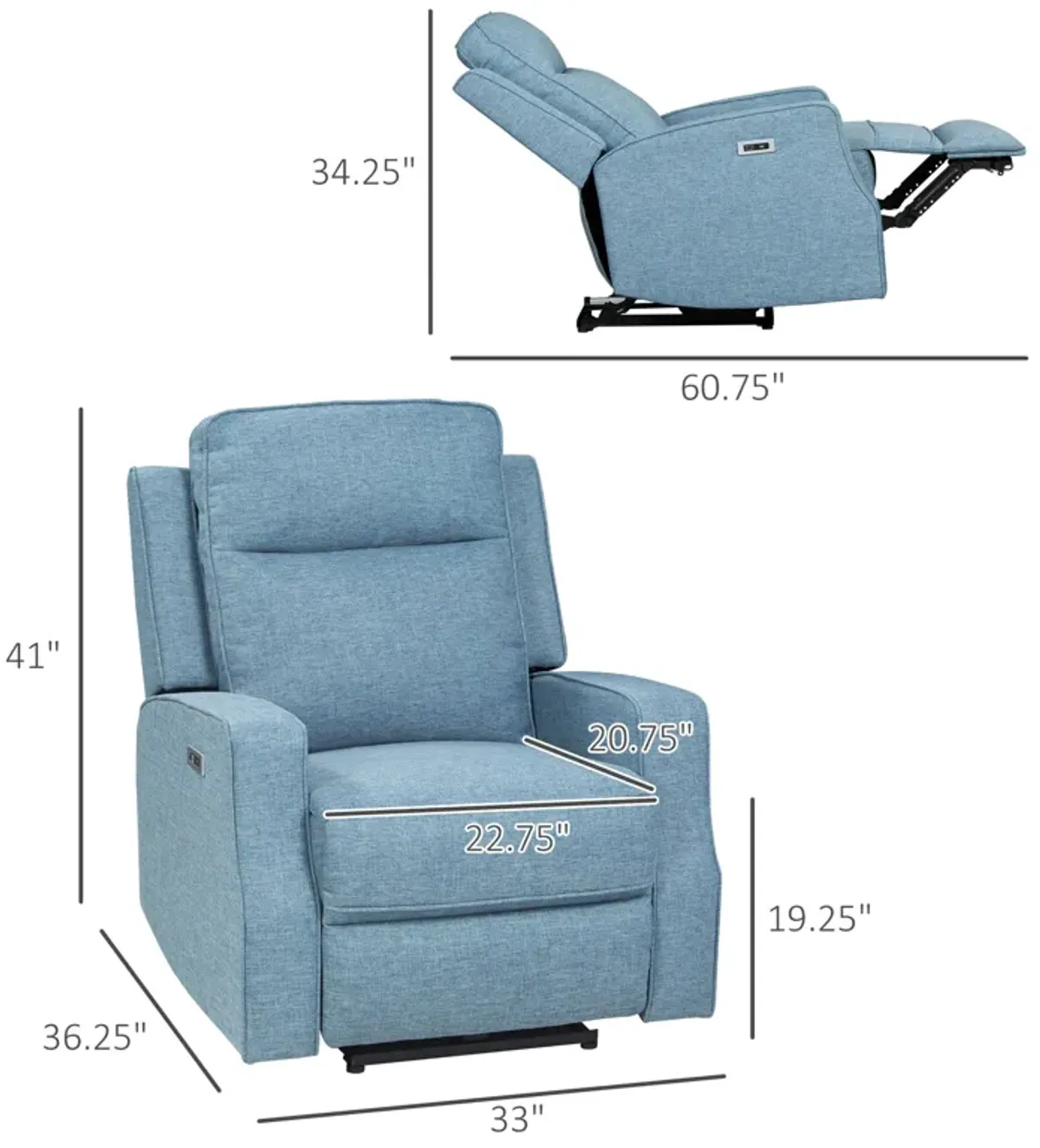 Blue Power Recliner: Wall Hugger Chair with Linen Upholstery